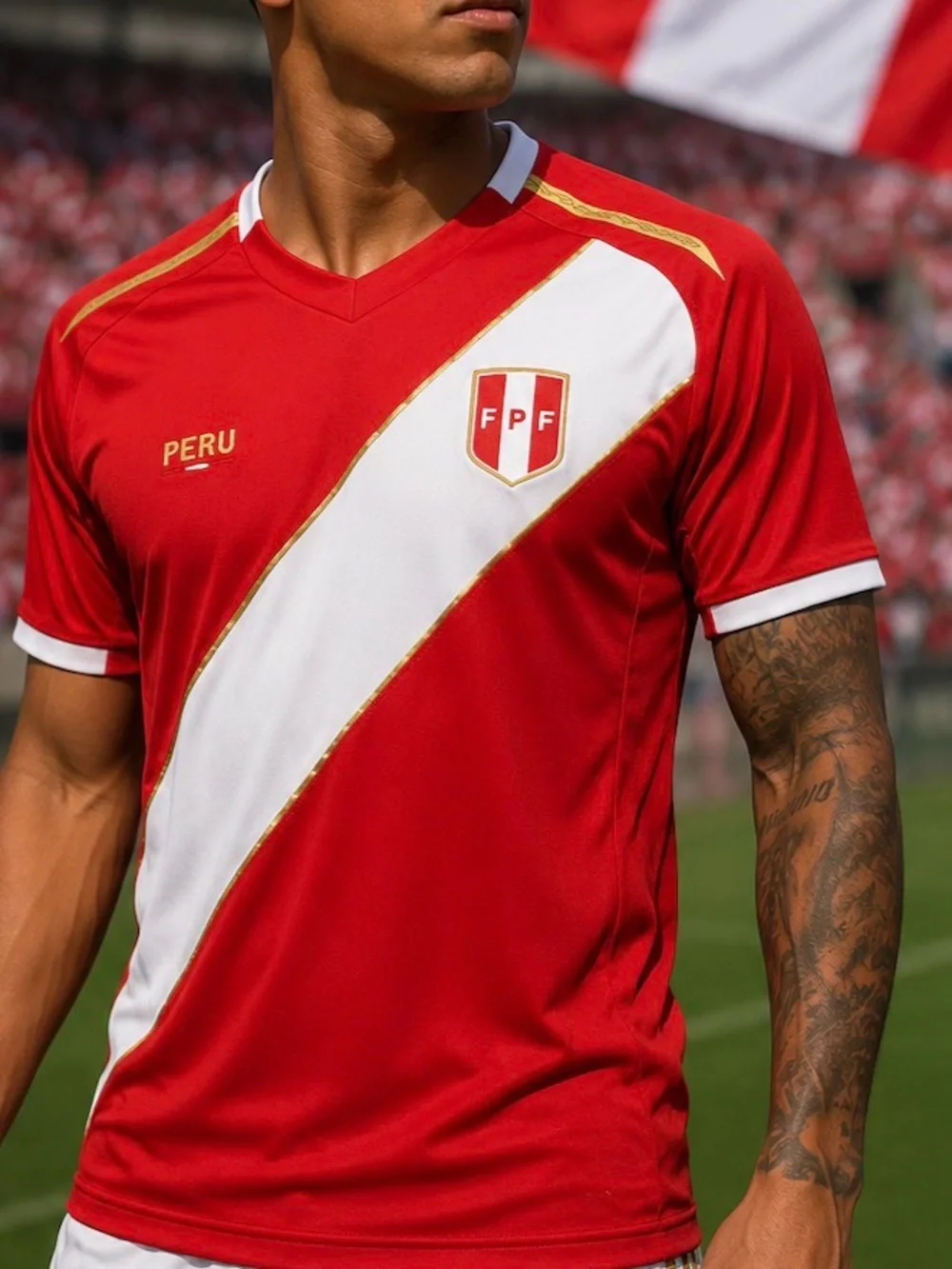Jersey adidas, Red and White Peru Football Soccer Jersey with Gold Trim.